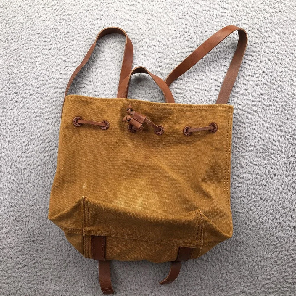 Madewell Backpack Womens Medium Mustard Yellow Canvas Leather Drawstring Daypack